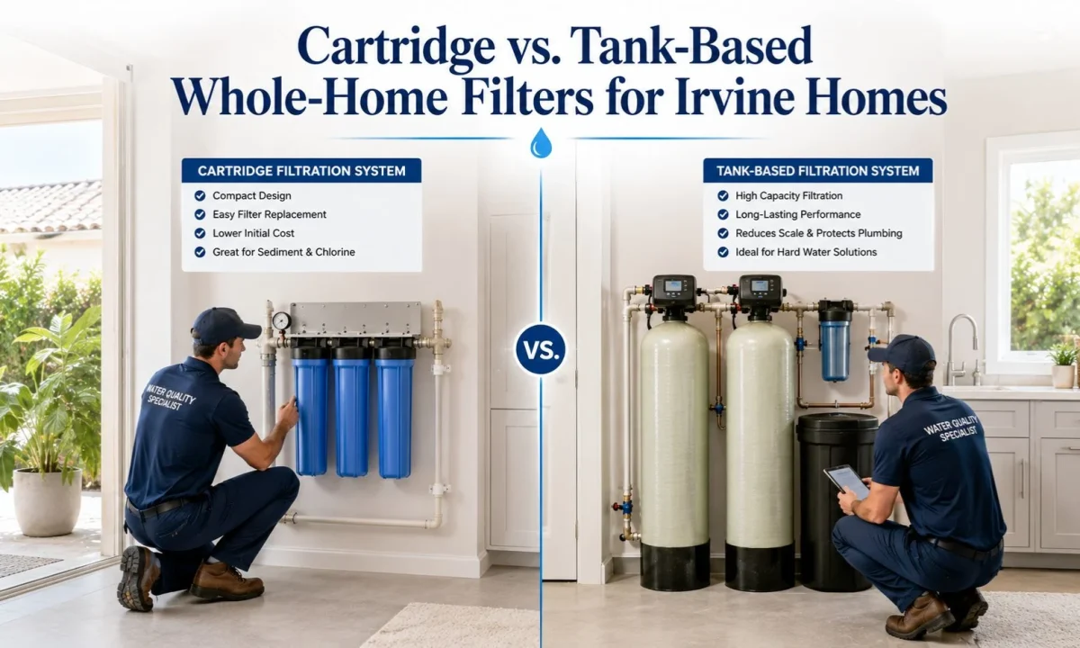 Cartridge vs. Tank-Based Whole-Home Filters comparison for an Irvine home showing cartridge and tank filtration systems installed side by side