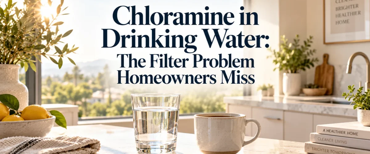 A serene Irvine kitchen morning scene with sunlight illuminating a freshly poured glass of water, illustrating chloramine in drinking water concerns.