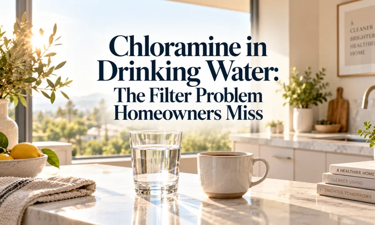 A serene Irvine kitchen morning scene with sunlight illuminating a freshly poured glass of water, illustrating chloramine in drinking water concerns.