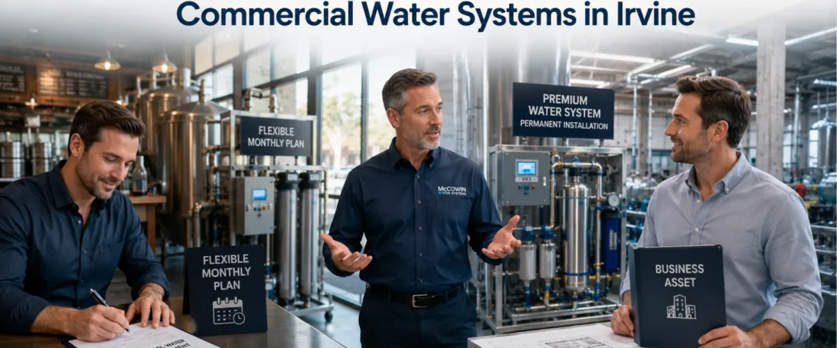 Business owner comparing commercial water system leasing and buying options after a professional evaluation.