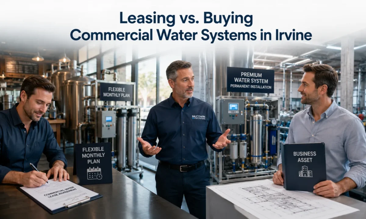 Business owner comparing commercial water system leasing and buying options after a professional evaluation.