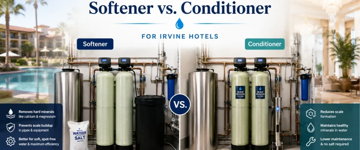 Commercial water softener compared with commercial water conditioner for Irvine hotel water treatment
