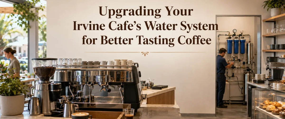 Commercial water treatment system professionally installed for an upscale Irvine cafe serving espresso and brewed coffee