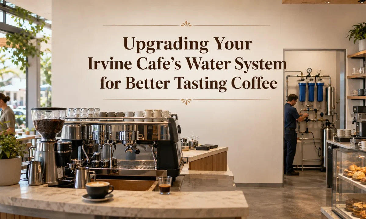Commercial water treatment system professionally installed for an upscale Irvine cafe serving espresso and brewed coffee