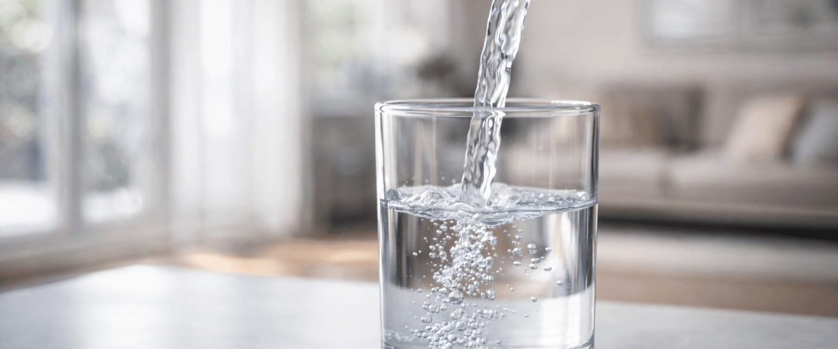 Crystal clear water stream pouring into glass by a local family owned in home filtration installer