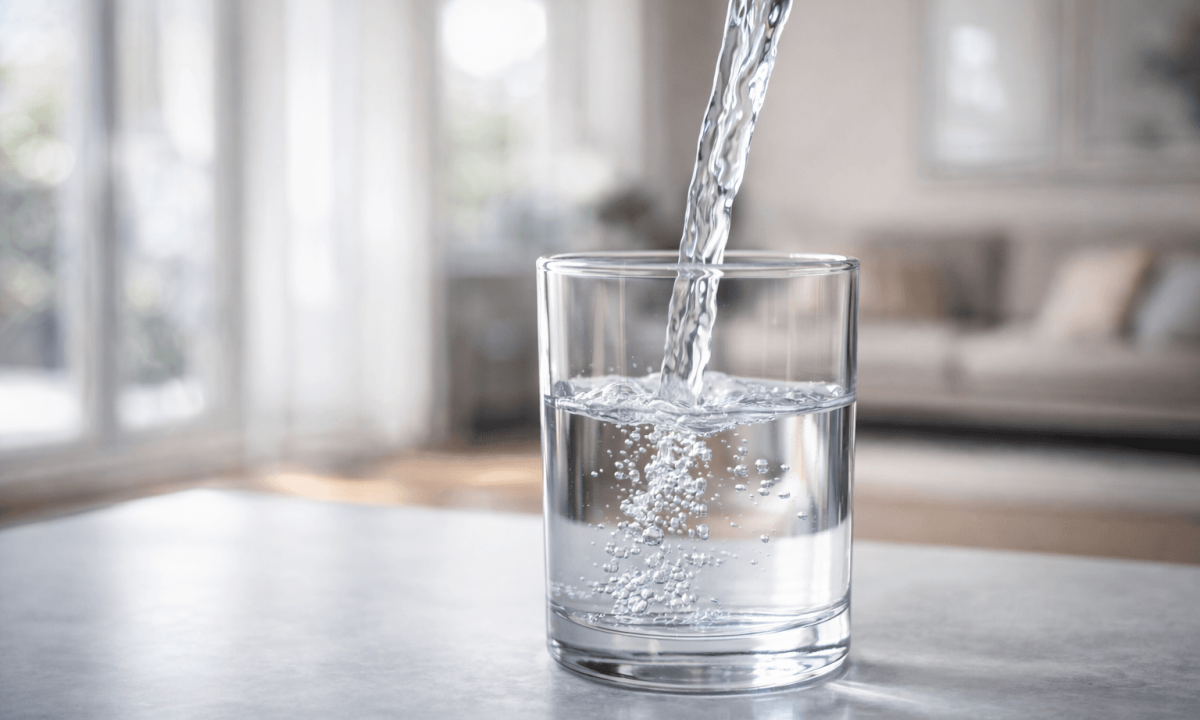 Crystal clear water stream pouring into glass by a local family owned in home filtration installer