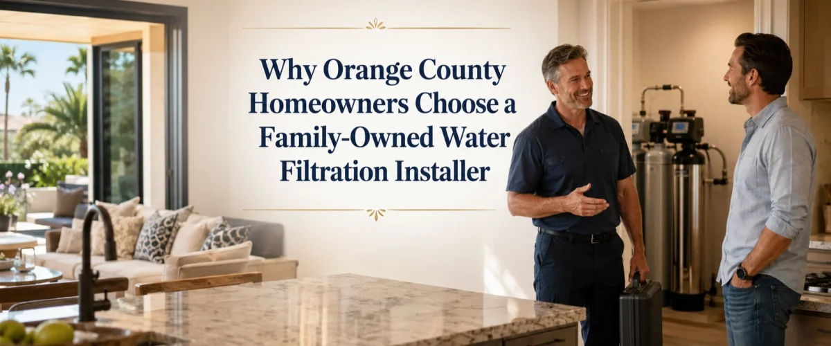 Family-owned water filtration installer discussing water treatment options with an Orange County homeowner in a modern home
