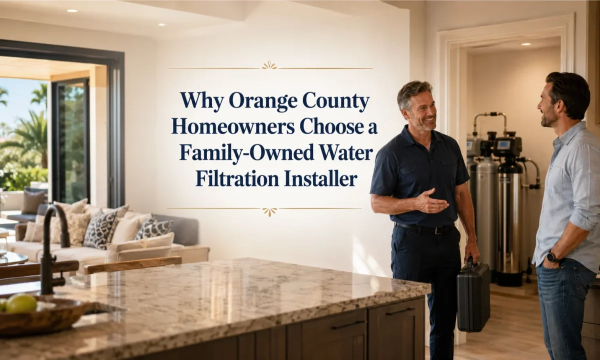 Family-owned water filtration installer discussing water treatment options with an Orange County homeowner in a modern home