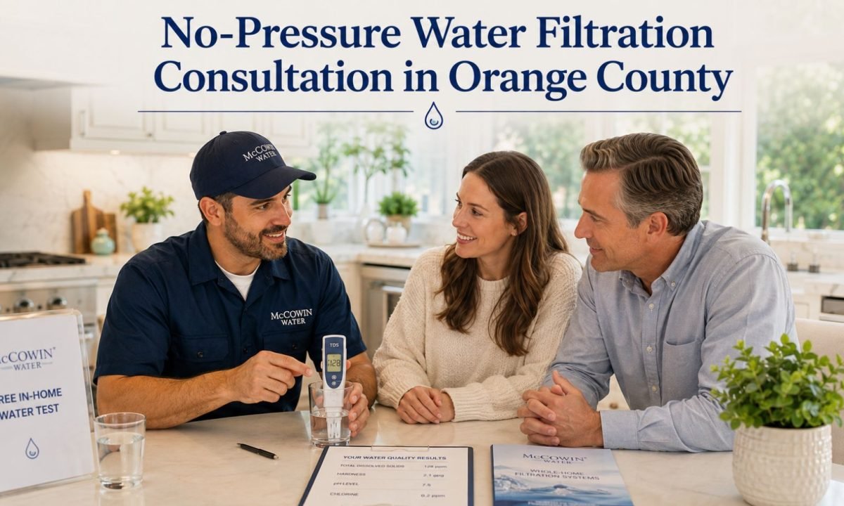 Family-owned McCowin Water technician providing a no-pressure whole-home RO consultation in Orange County.