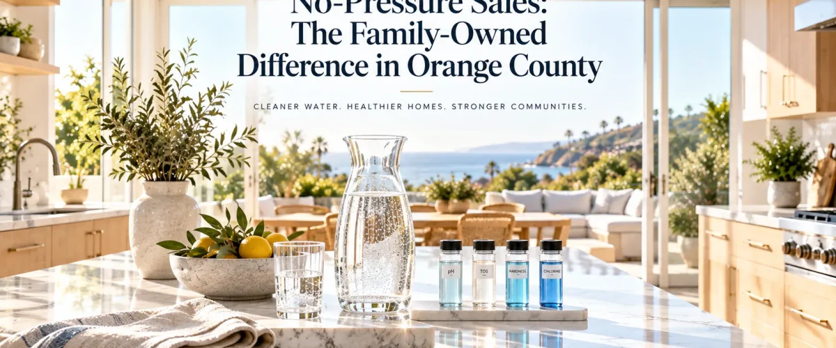 Family-owned water treatment consultation hero banner for whole-home RO providers in Orange County.