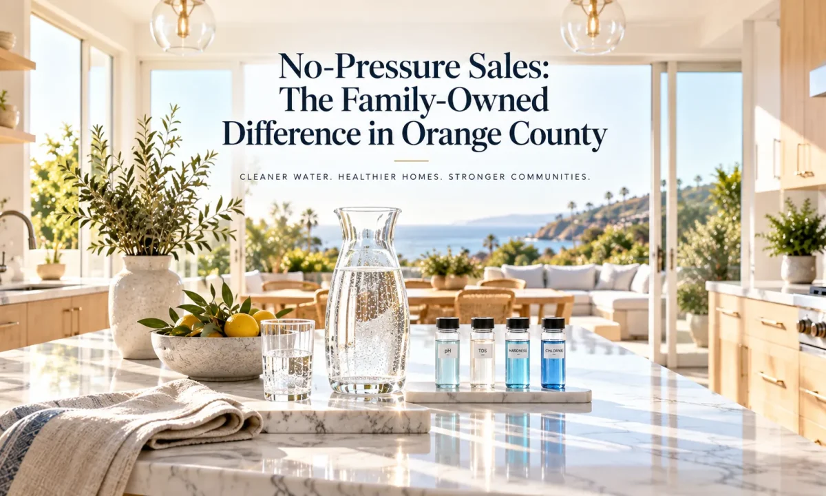 Family-owned water treatment consultation hero banner for whole-home RO providers in Orange County.