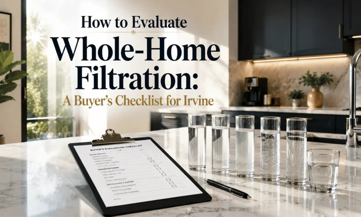 Buyer's checklist hero banner for whole-home filtration options in Irvine.