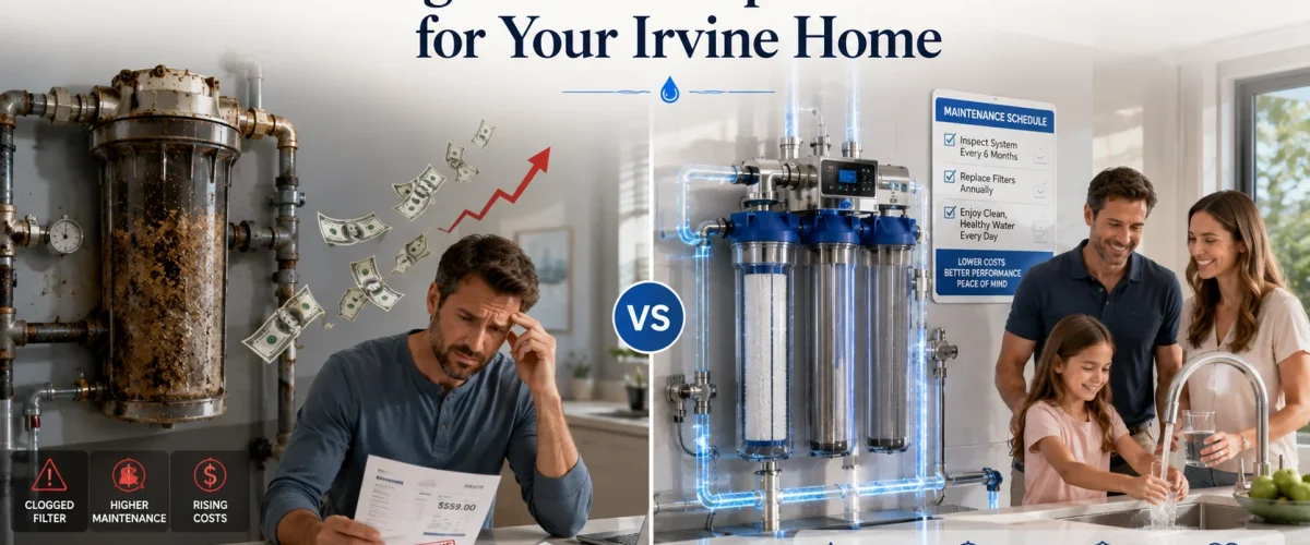 Filter Replacement comparison showing a clogged whole-home water filter versus a professionally maintained filtration system in an Irvine home.