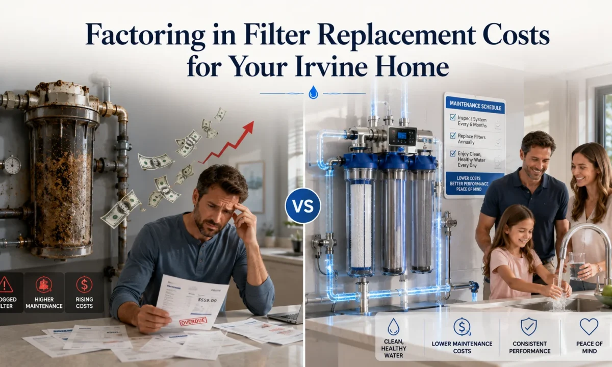 Filter Replacement comparison showing a clogged whole-home water filter versus a professionally maintained filtration system in an Irvine home.