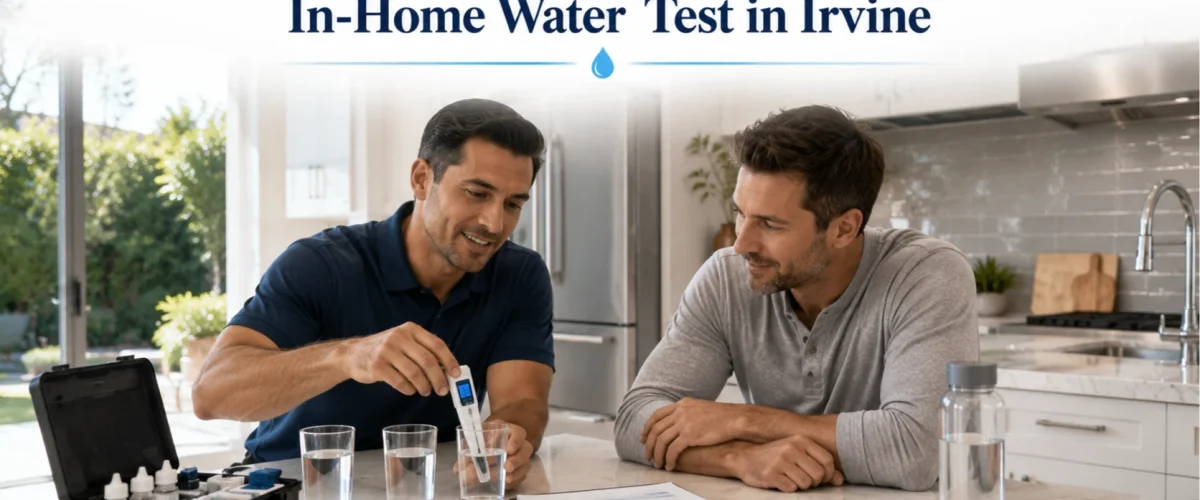 Free In-Home Water Test showing a water treatment expert explaining water test results to an Irvine homeowner