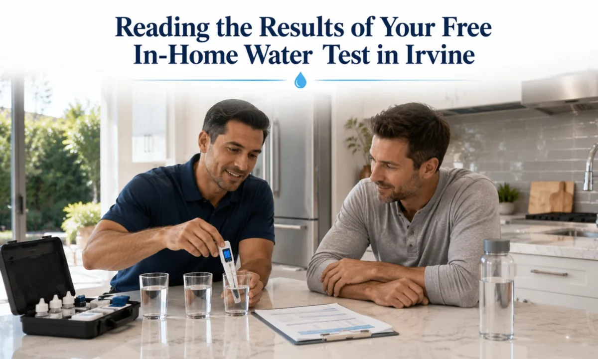 Free In-Home Water Test showing a water treatment expert explaining water test results to an Irvine homeowner