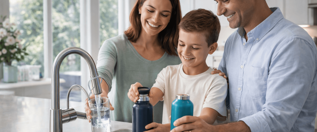 Happy family filling reusable bottles from kitchen filtration faucet, residential water quality maintenance plan test