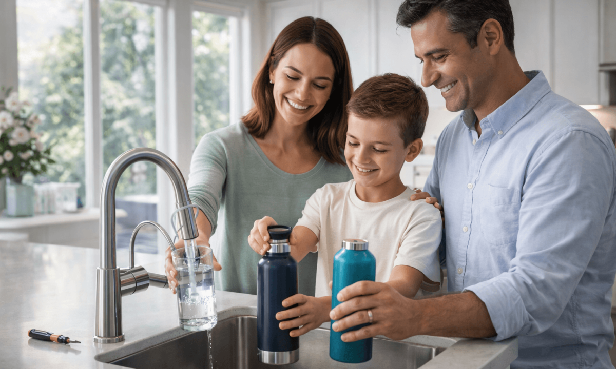 Happy family filling reusable bottles from kitchen filtration faucet, residential water quality maintenance plan test