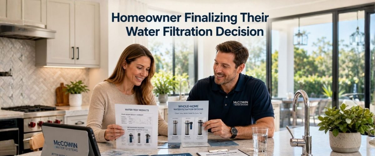 Homeowner choosing the best whole-home filtration system after a free water test in Irvine