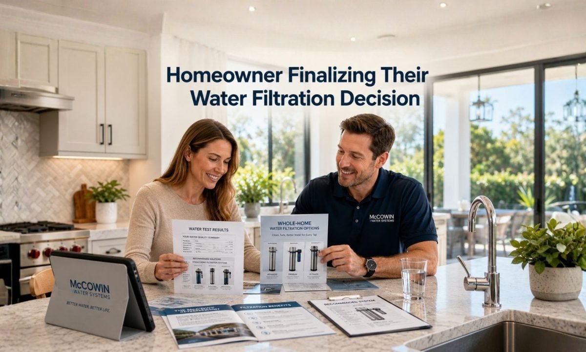 Homeowner choosing the best whole-home filtration system after a free water test in Irvine