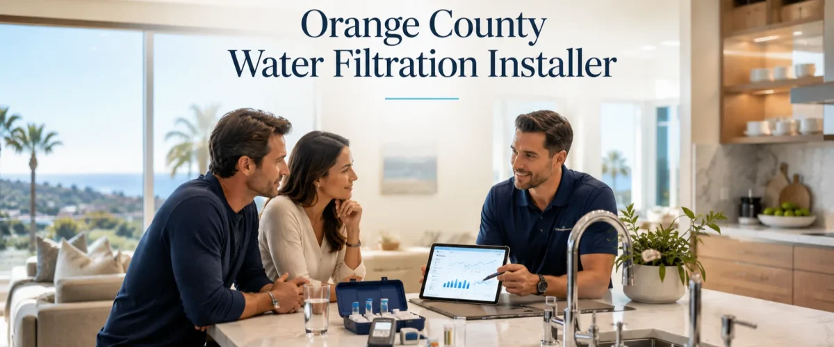 Orange County water filtration installer conducting a professional in-home water evaluation in a luxury Orange County kitchen