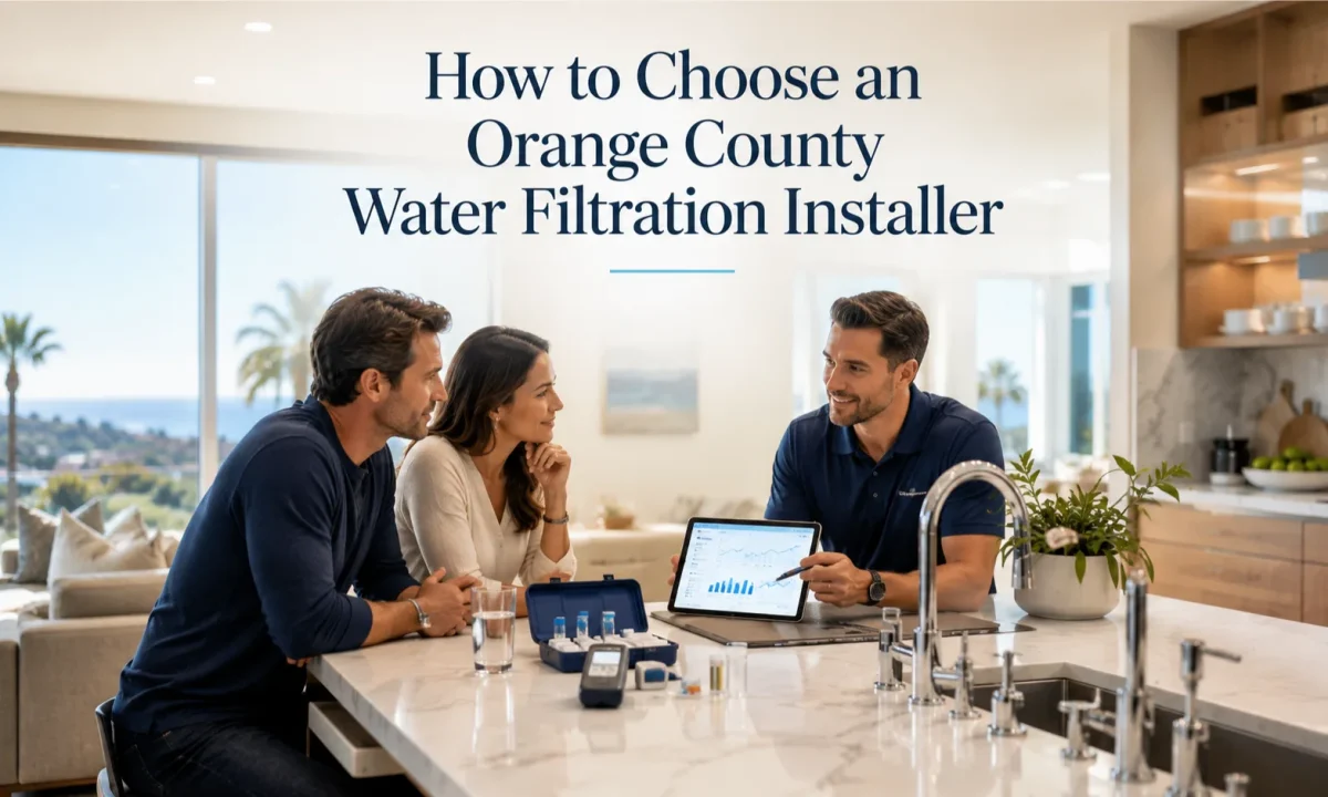 Orange County water filtration installer conducting a professional in-home water evaluation in a luxury Orange County kitchen