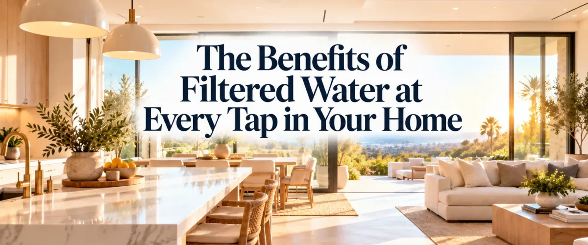 A sunlit open-concept Orange County kitchen and living area showcasing the comprehensive whole house water filter benefits for every room.