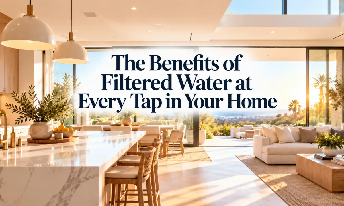 A sunlit open-concept Orange County kitchen and living area showcasing the comprehensive whole house water filter benefits for every room.