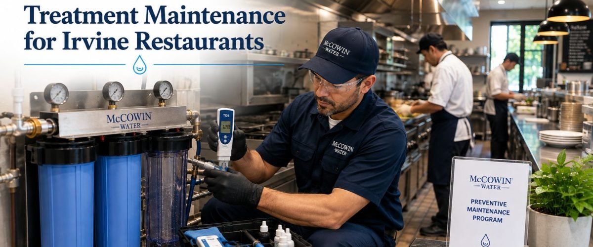 McCowin Water technician maintaining a commercial water treatment system in an Irvine restaurant kitchen