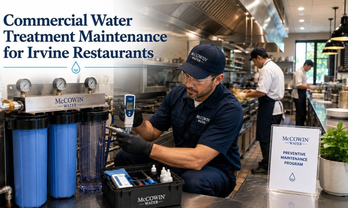 McCowin Water technician maintaining a commercial water treatment system in an Irvine restaurant kitchen