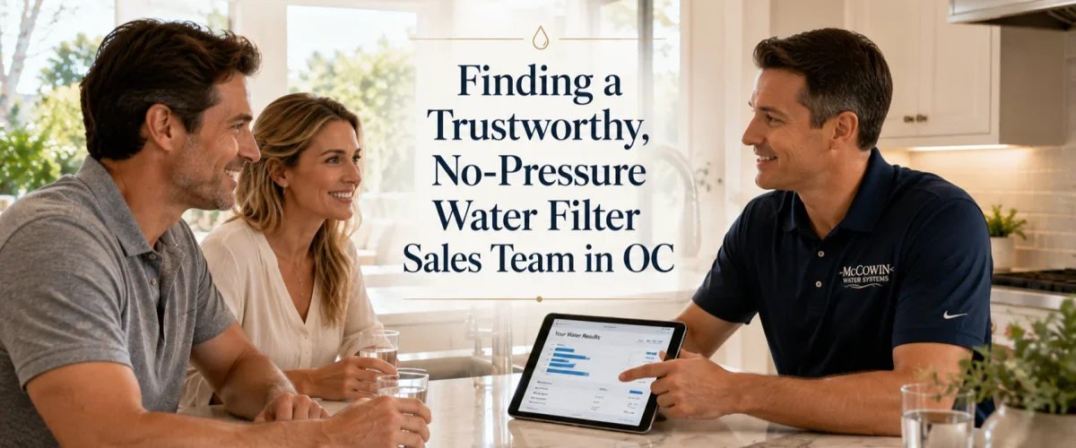 Homeowners enjoying a friendly consultation with a No-Pressure Water Filter Sales team in Orange County.