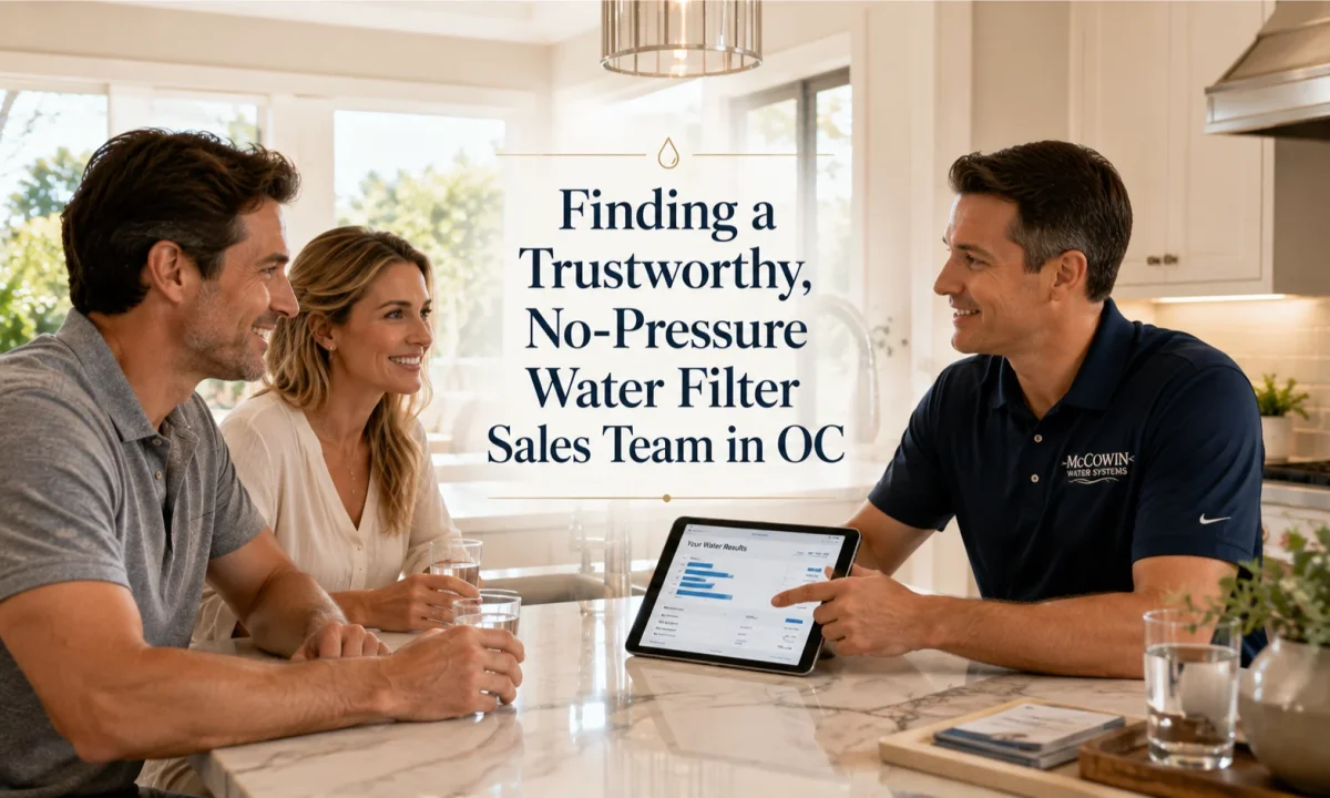 Homeowners enjoying a friendly consultation with a No-Pressure Water Filter Sales team in Orange County.