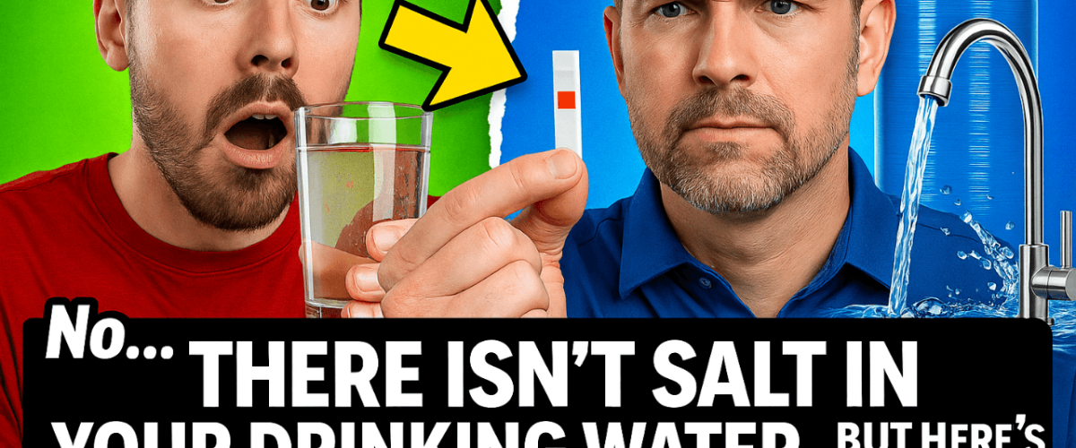 Split-screen image of two men: one shocked holding a glass of water, the other serious with a test strip and reverse osmosis filter system. Text overlay reads “No… There Isn’t Salt in Your Drinking Water. But Here’s What Is.”