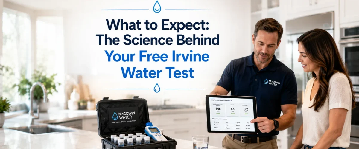 A water treatment specialist conducting a comprehensive professional in home water test for an Irvine homeowner in a modern kitchen.