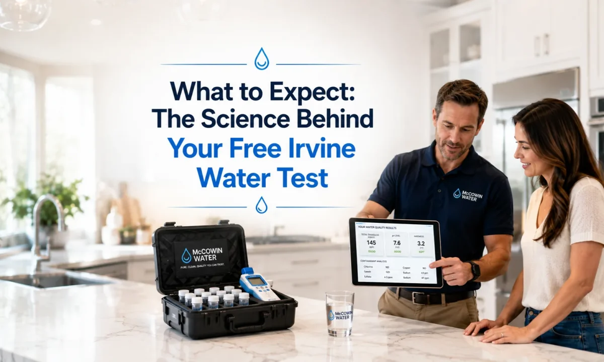 A water treatment specialist conducting a comprehensive professional in home water test for an Irvine homeowner in a modern kitchen.