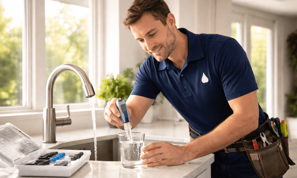 Professional water technician conducting free in-home testing