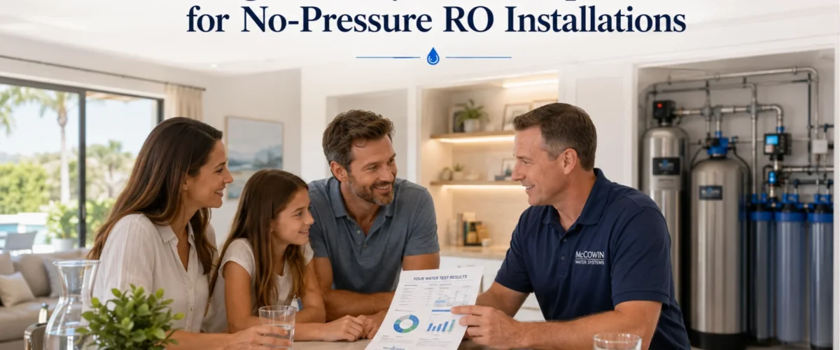 Homeowners discussing RO Installations after reviewing professional water test results
