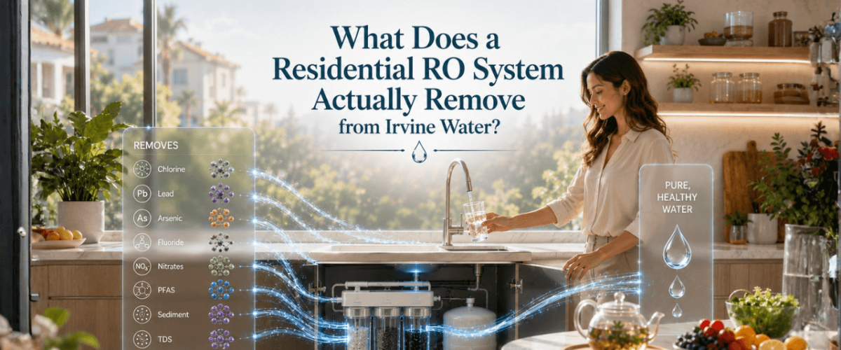 Residential RO system purifying drinking water in a modern Irvine home kitchen.