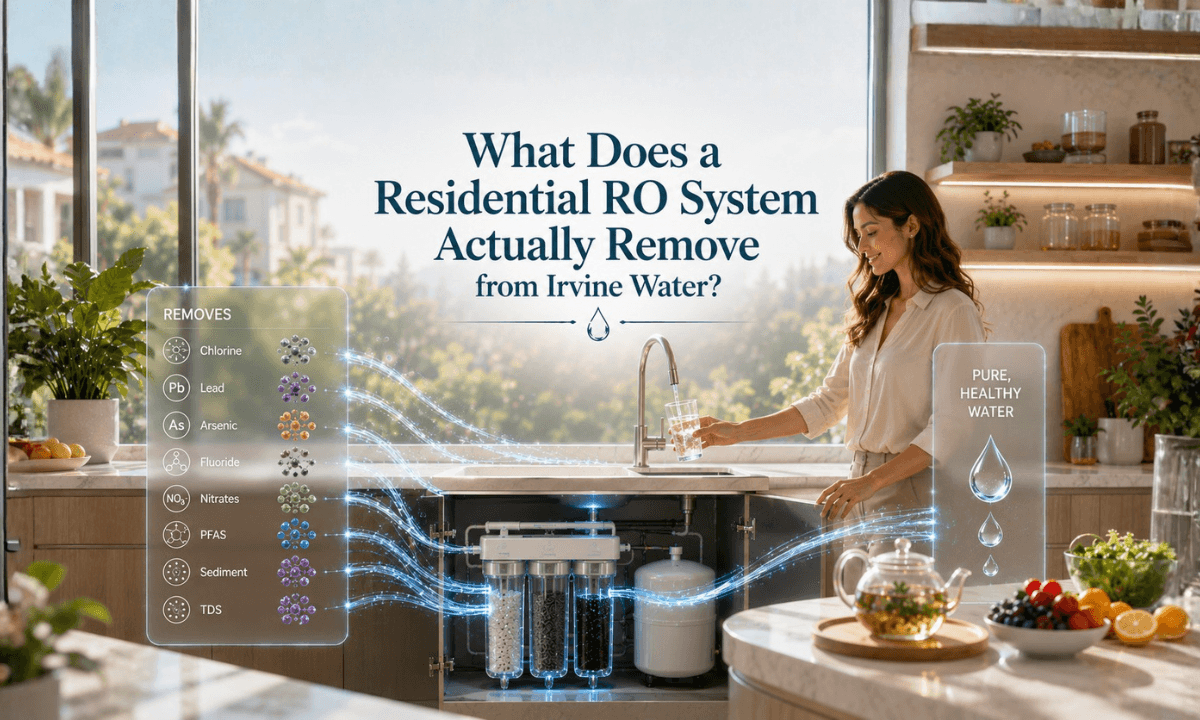 Residential RO system purifying drinking water in a modern Irvine home kitchen.