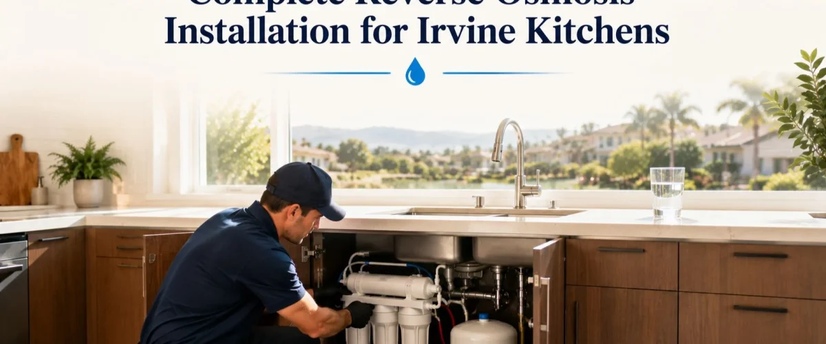 Professional reverse osmosis installation beneath a modern Irvine kitchen sink with a residential reverse osmosis system ready for clean drinking water.