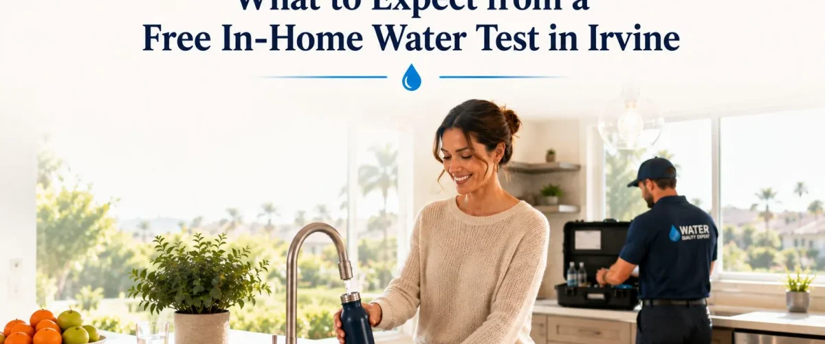 Happy Irvine homeowner enjoying clean drinking water after a professional free water test and personalized water consultation.