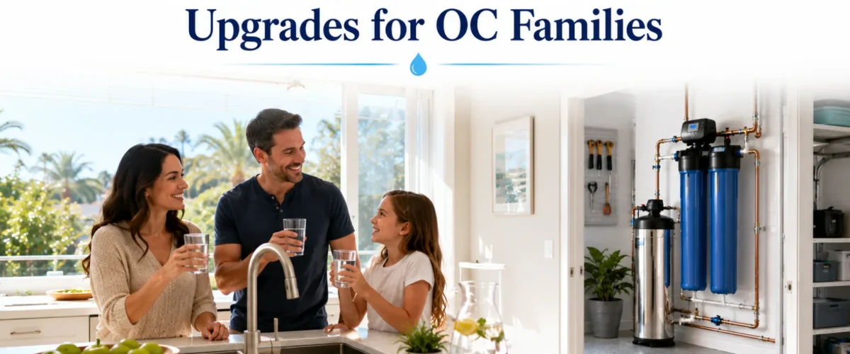 Water filtration system professionally installed in an Orange County home with a family enjoying clean, healthy water