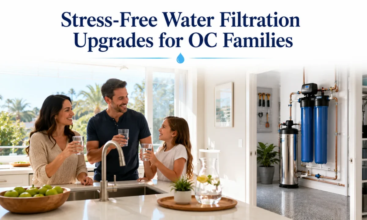 Water filtration system professionally installed in an Orange County home with a family enjoying clean, healthy water