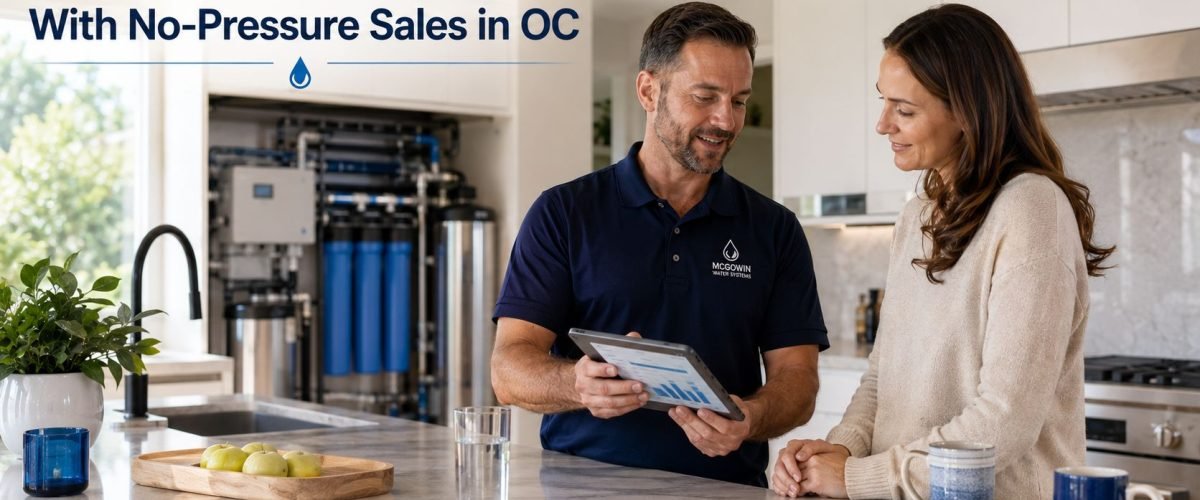 Technician explaining whole-home RO options during a no-pressure water consultation
