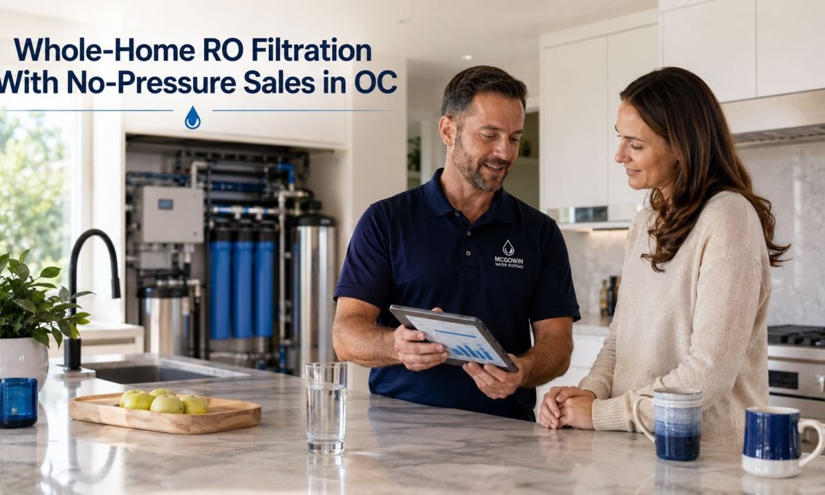 Technician explaining whole-home RO options during a no-pressure water consultation
