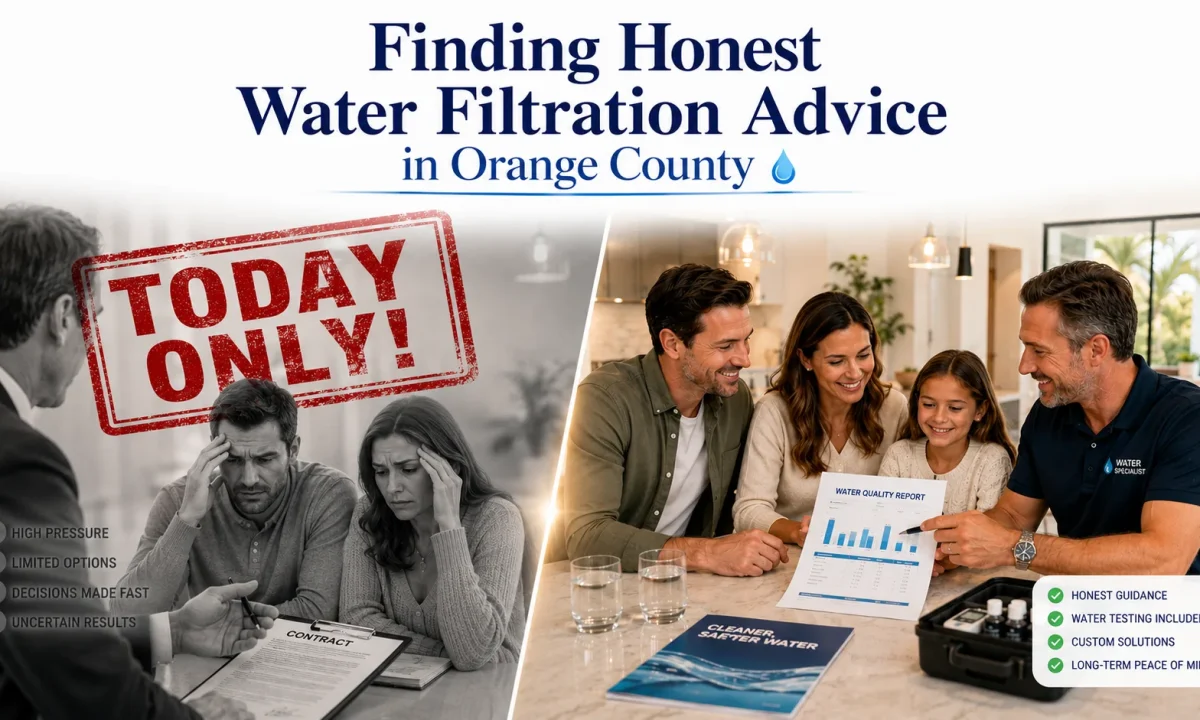 Water filtration expert helping an Orange County homeowner compare water treatment options without sales pressure