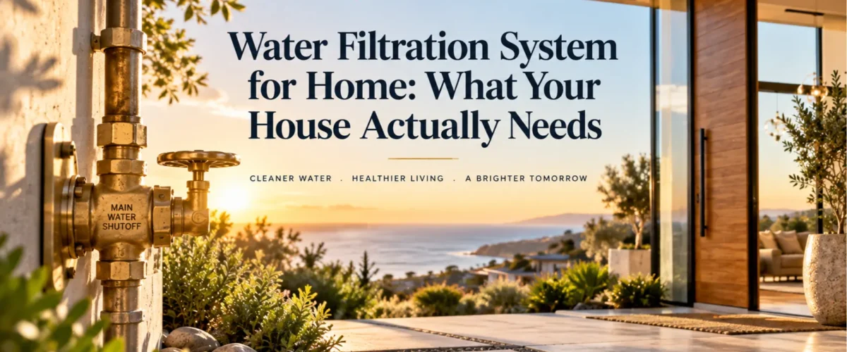 Close-up architectural detail of a sun-drenched Irvine home’s main water entry valve during early morning, illustrating the customized beginning point for a whole-home water filtration system for home