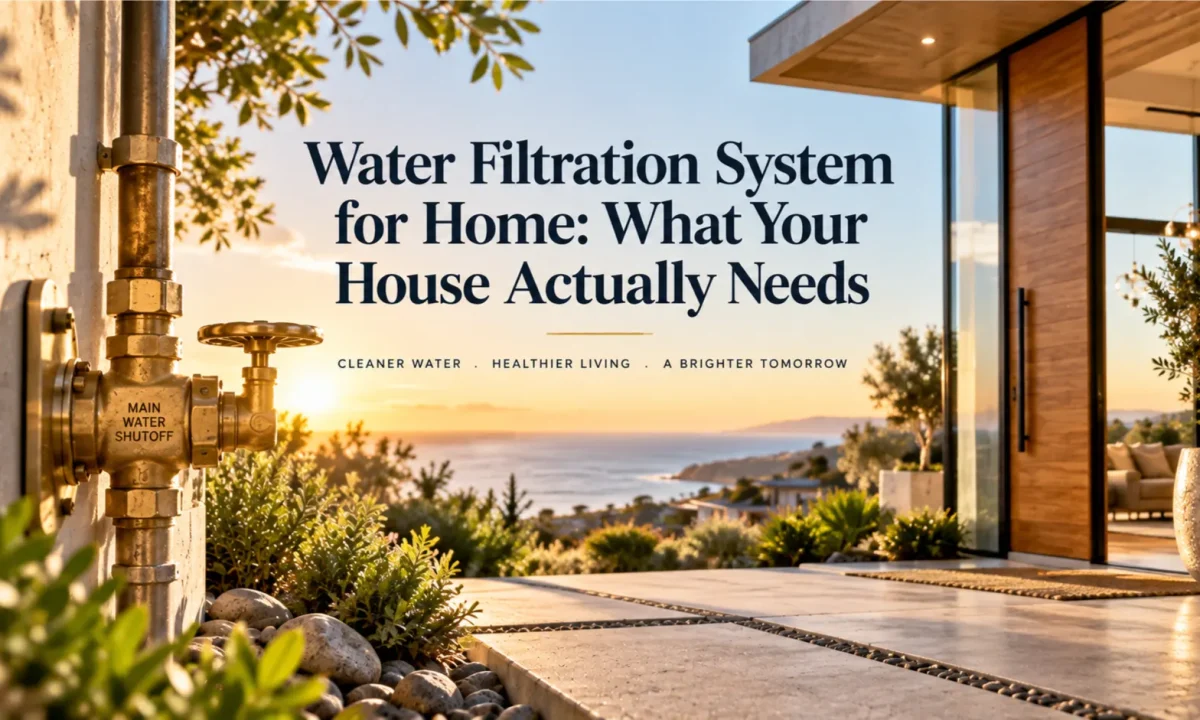 Close-up architectural detail of a sun-drenched Irvine home’s main water entry valve during early morning, illustrating the customized beginning point for a whole-home water filtration system for home