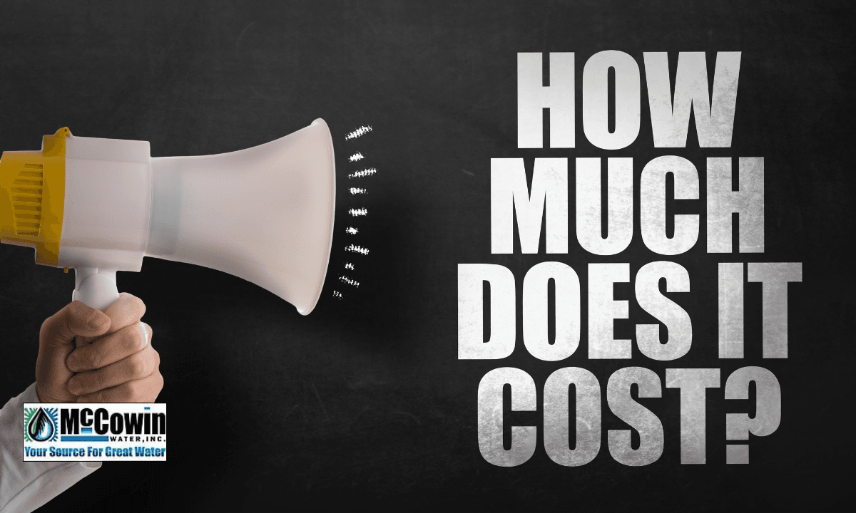 Hand holding megaphone with “How Much Does It Cost?” text overlay, localized for McCowin Water in Irvine, CA; explaining water softener cost.