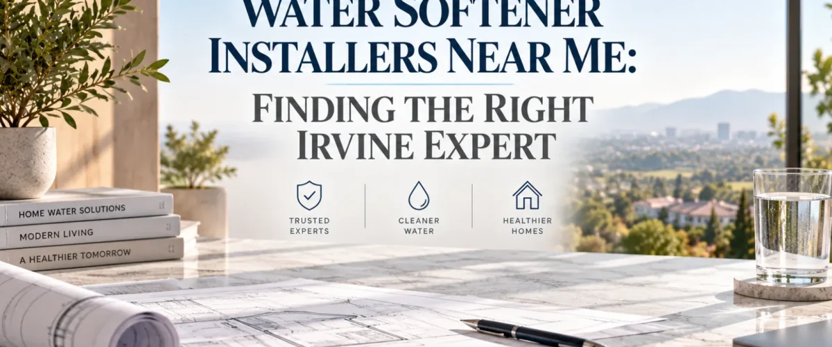 Editorial hero banner representing expert water softener installation and testing in Irvine homes.
